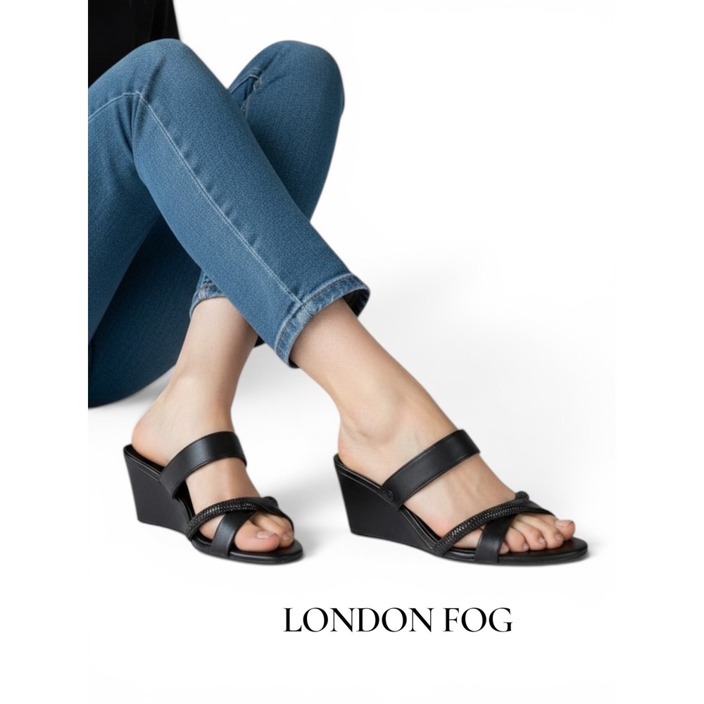 London‎ Fog Dapper Sandals Strappy Black Wedge Slide Size 7